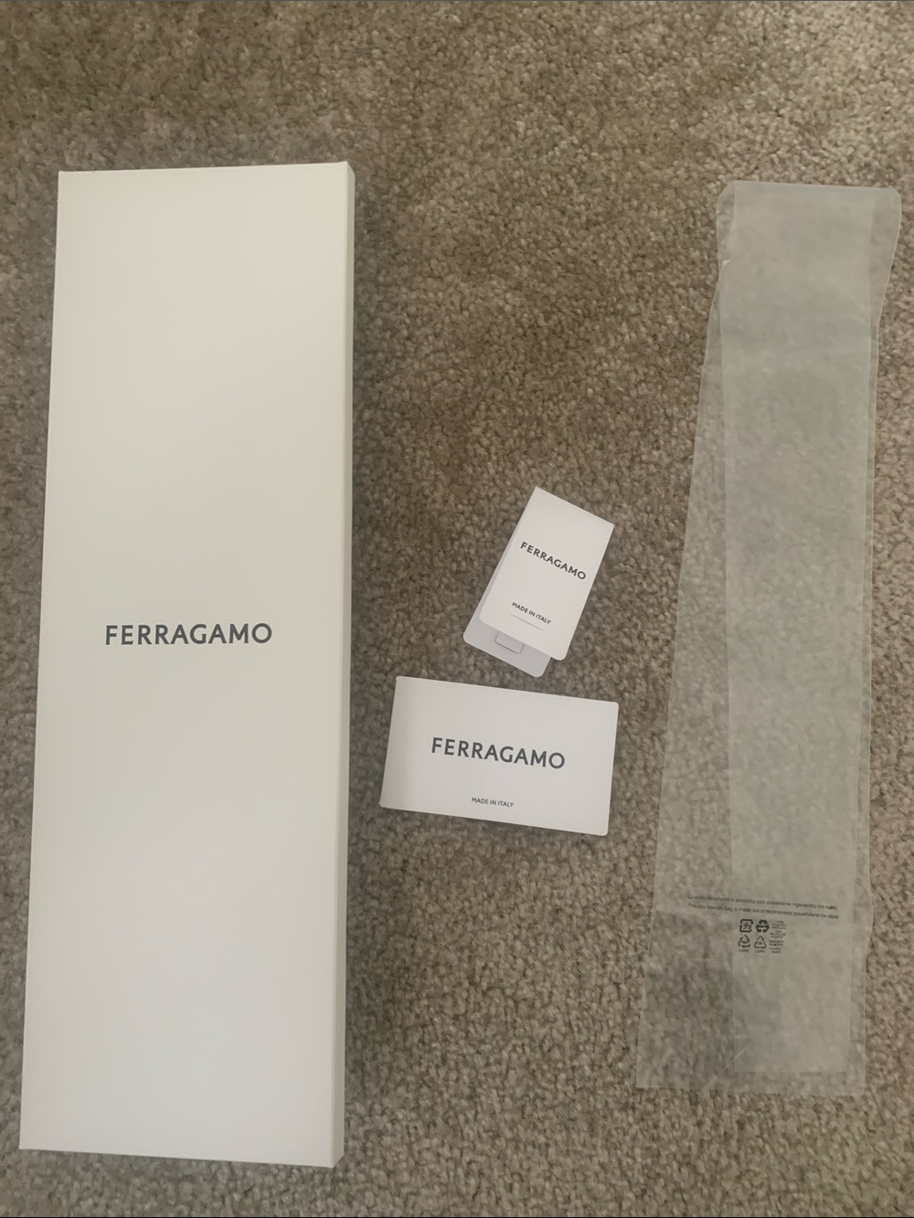 Salvatore Ferragamo tie Box, Tags and wrap White and Black Branded Cards